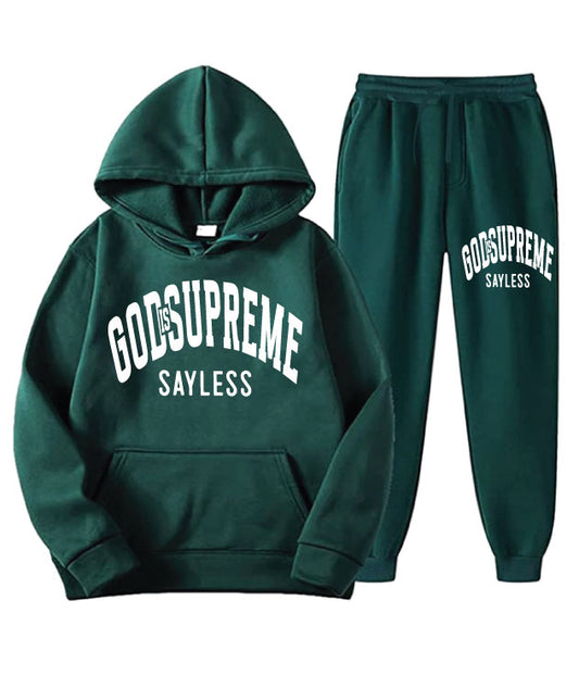 God is Supreme Sayless/ White and Green Hoodie Joggers Set