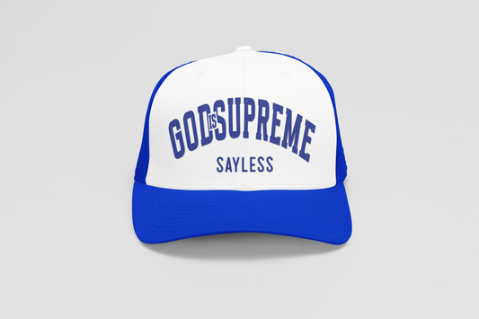 God is Supreme Sayless White and Blue (Trucker Hat)