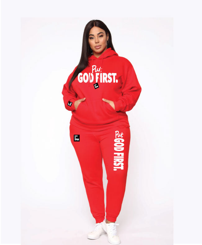 Put God First/ White Letters Design/ Special Edition/ Red Hoodie Jogger Set