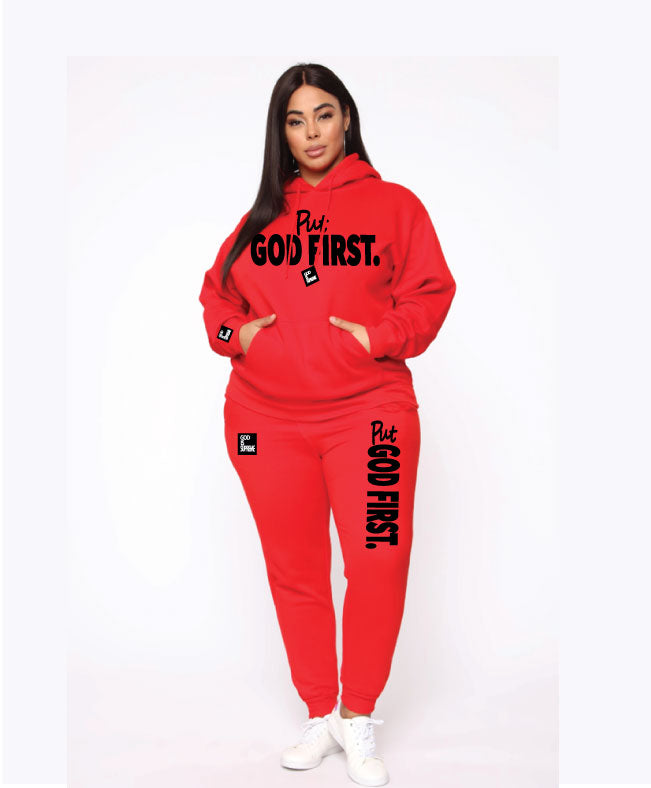 Put God First/ Black and Red Hoodie Jogger Set