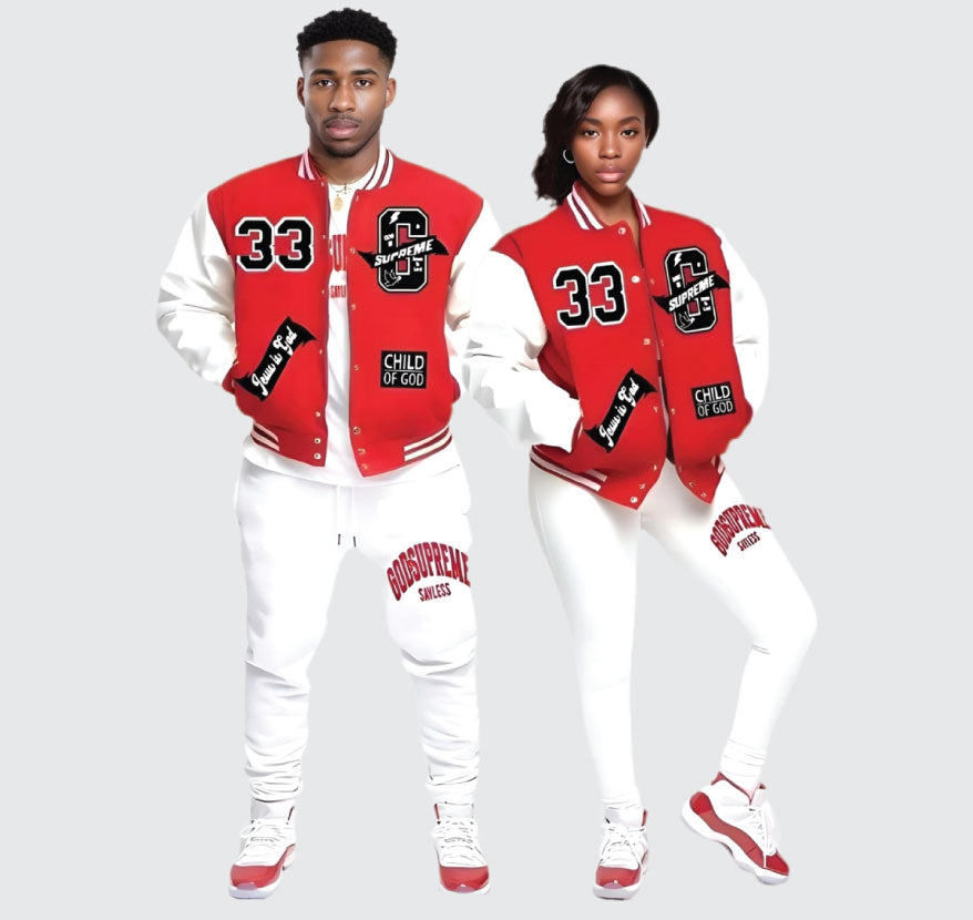 "G" Supreme/  God is Supreme Red Varsity Letterman Christian Jacket/ White Leather Sleeves