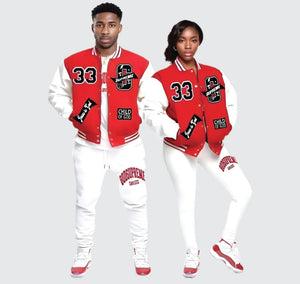 "G" Supreme/  God is Supreme Red Varsity Letterman Christian Jacket/ White Leather Sleeves