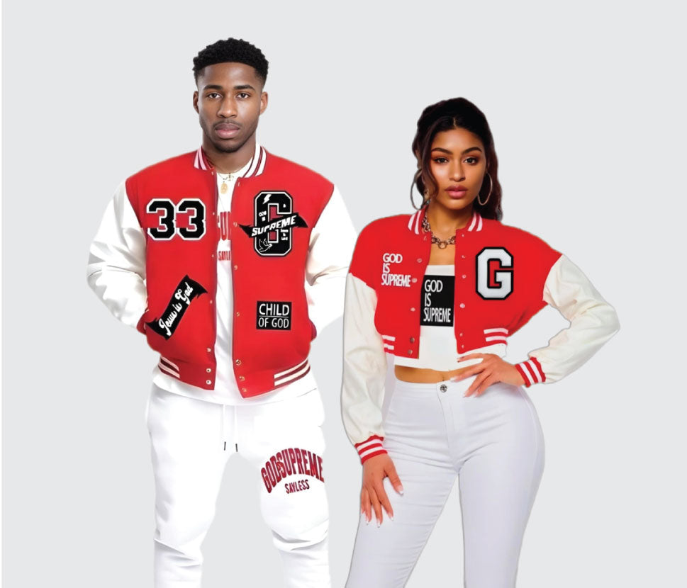 "G" Supreme/  God is Supreme Red Varsity Letterman Jacket/ White Leather Sleeves