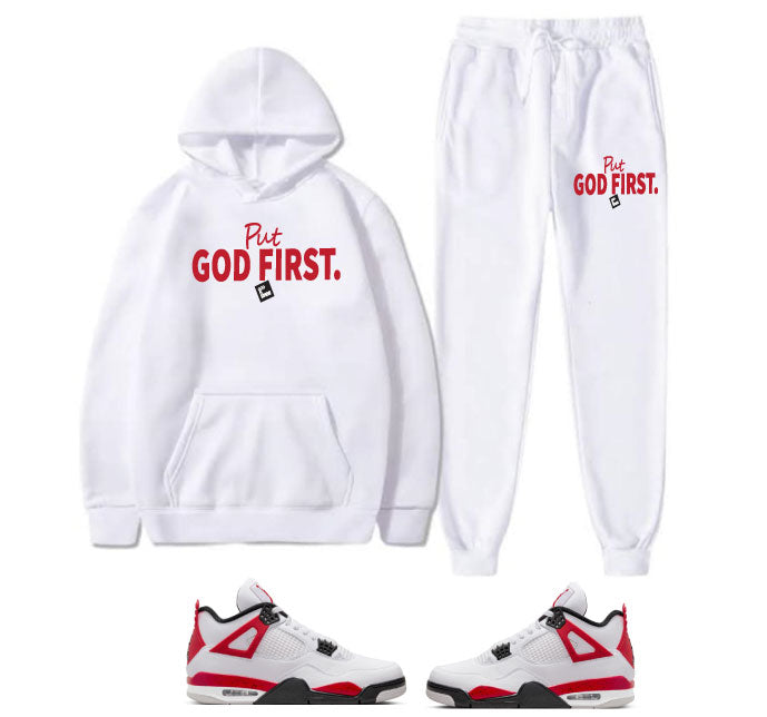 Put God First/ Red Letters Design/ Special Edition/ White Hoodie Jogger Set