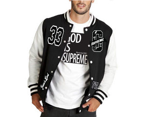 "G" Supreme/  God is Supreme Black Varsity Letterman Jacket /White Leather Sleeves