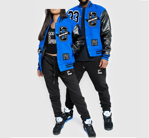 "G" Supreme/  God is Supreme Royal Blue Varsity Letterman Jacket/ Black Leather Sleeves
