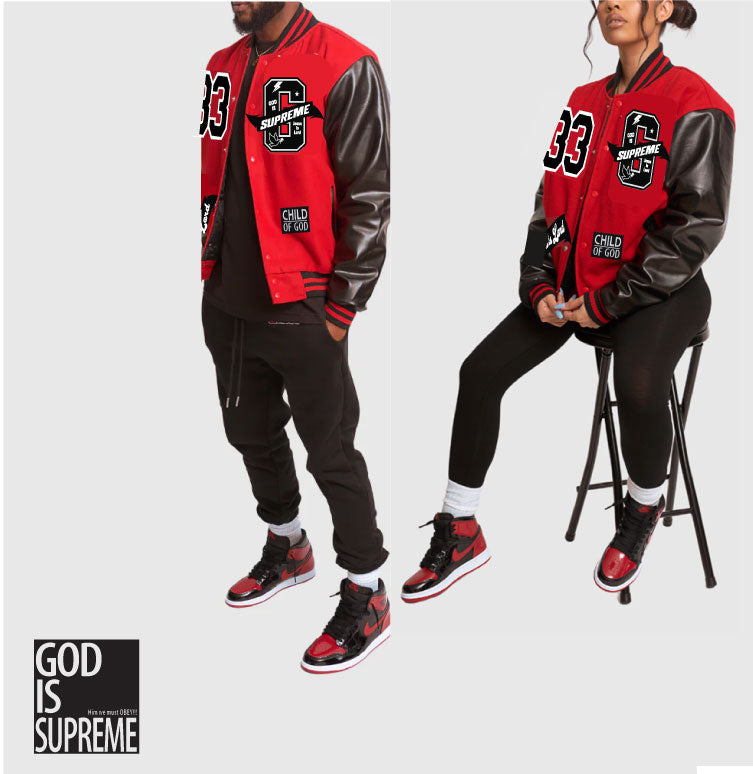 "G" Supreme Red Varsity Letterman Jacket/ Black Leather Sleeves