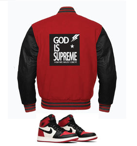 "G" Supreme/  God is Supreme Red Varsity Letterman Jacket/ Black Leather Sleeves
