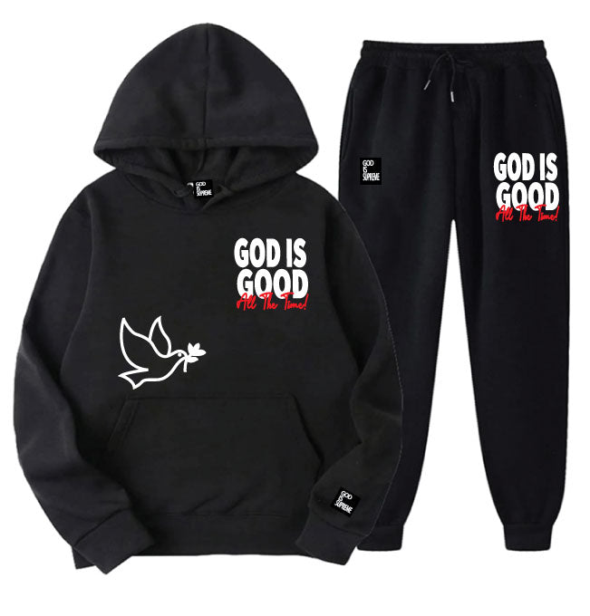 God is Good All the The Time/White, Red and Black Hoodie Joggers Set