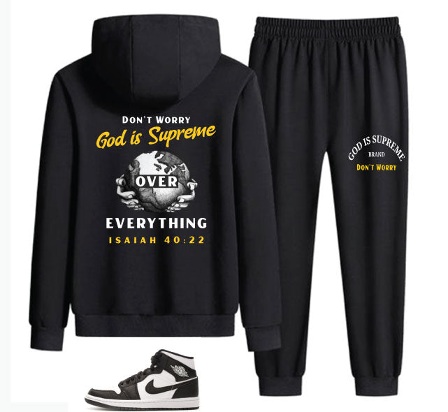 Don't Worry God is Supreme Design/ Yellow, White/ Black Christian Hoodie Jogger Set