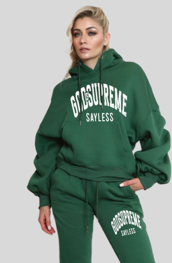 God is Supreme Sayless/ White and Green Hoodie Joggers Set