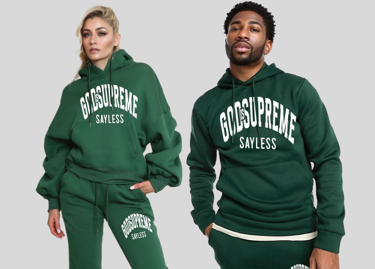 God is Supreme Sayless/ White and Green Hoodie Joggers Set