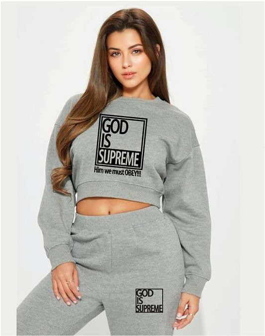 God is Supreme Active Double Box/ Grey Crop Top Sweatshirt Joggers Set