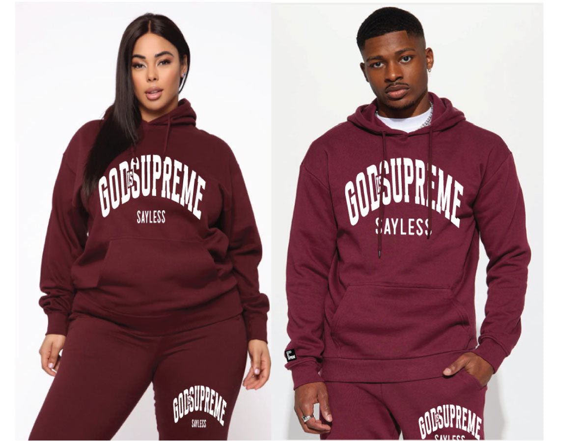 God is Supreme Sayless/ White and Maroon Hoodie Joggers Set