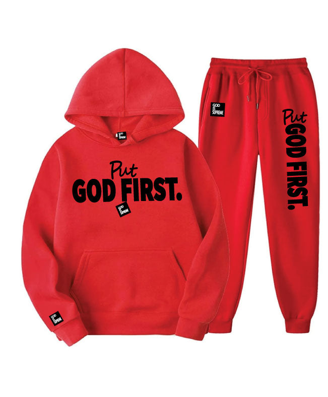 Put God First/ Black and Red Hoodie Jogger Set
