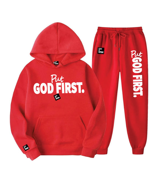Put God First/ White Letters Design/ Special Edition/ Red Hoodie Jogger Set