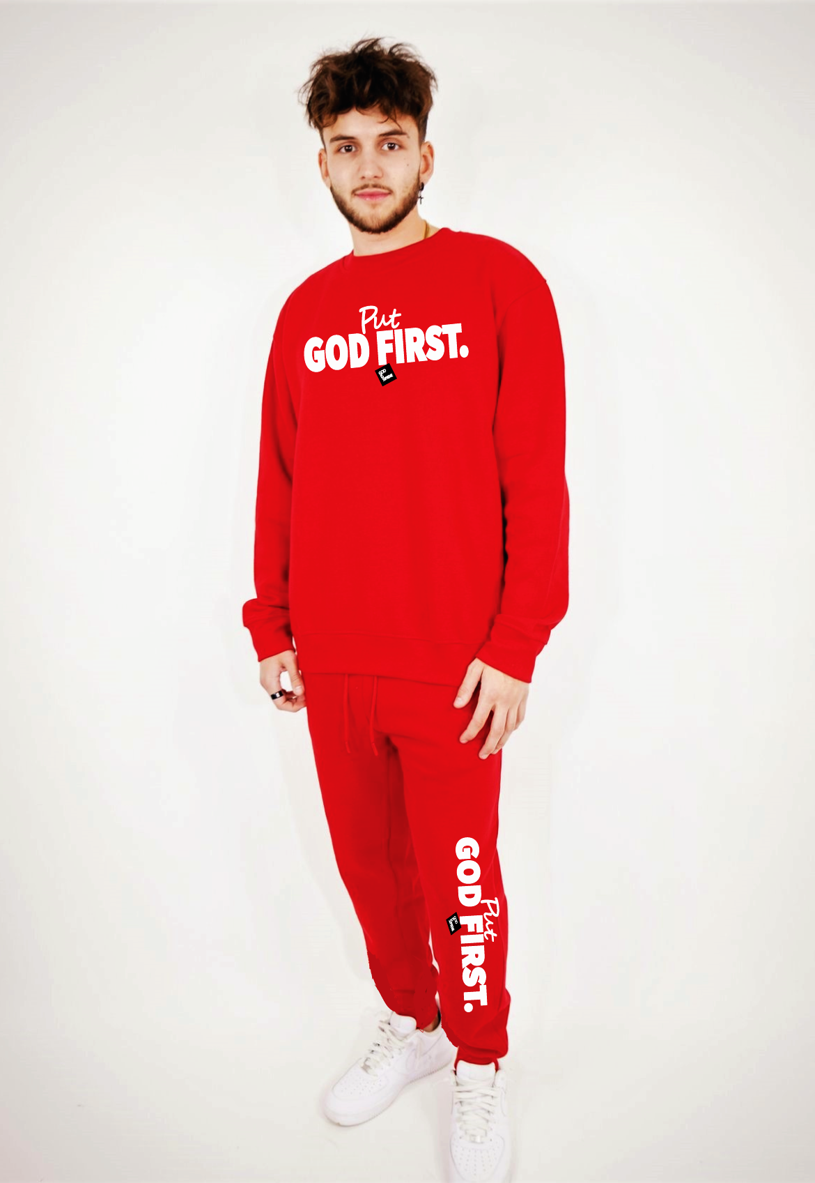 Put God First with Box Logo/Red Sweatpants