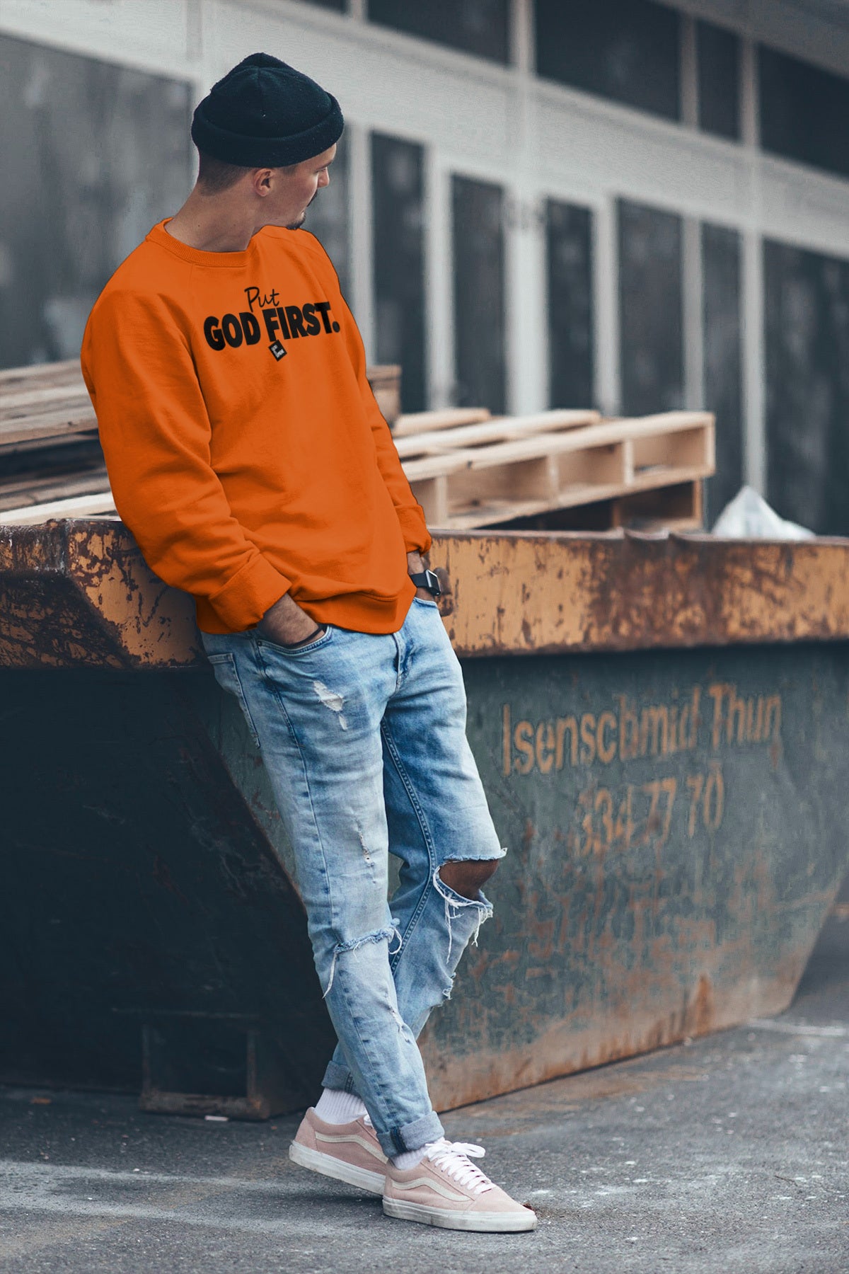 Put God First With Box/ Orange Long Sleeves Sweatshirt