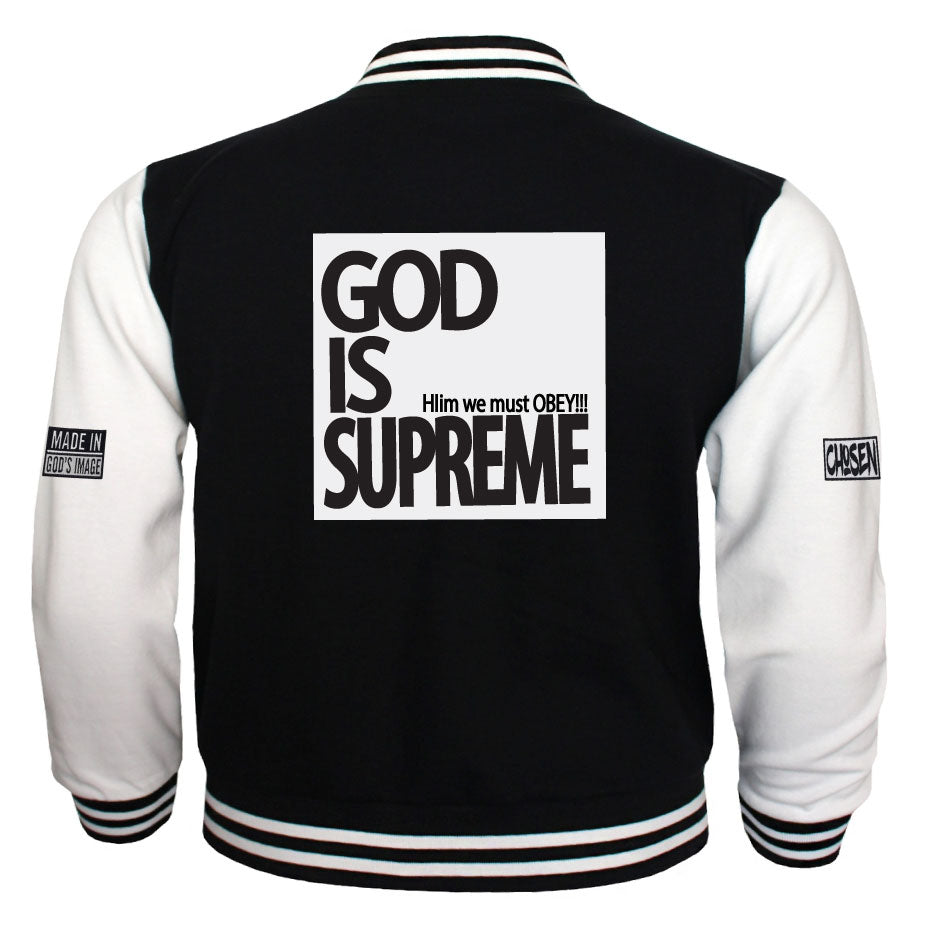 God is Supreme Box Black Varsity Letterman Jackets White Sleeves
