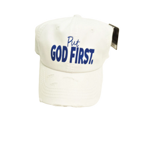 Put God First White Distressed Dad Hat with Royal Blue
