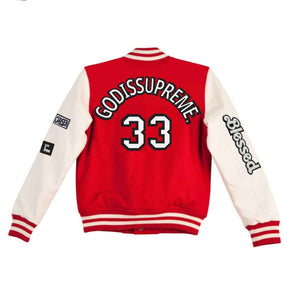 God is Supreme Red Varsity Letterman Jacket Sleeves