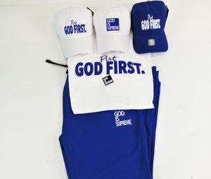 Put God First White Distressed Dad Hat with Royal Blue