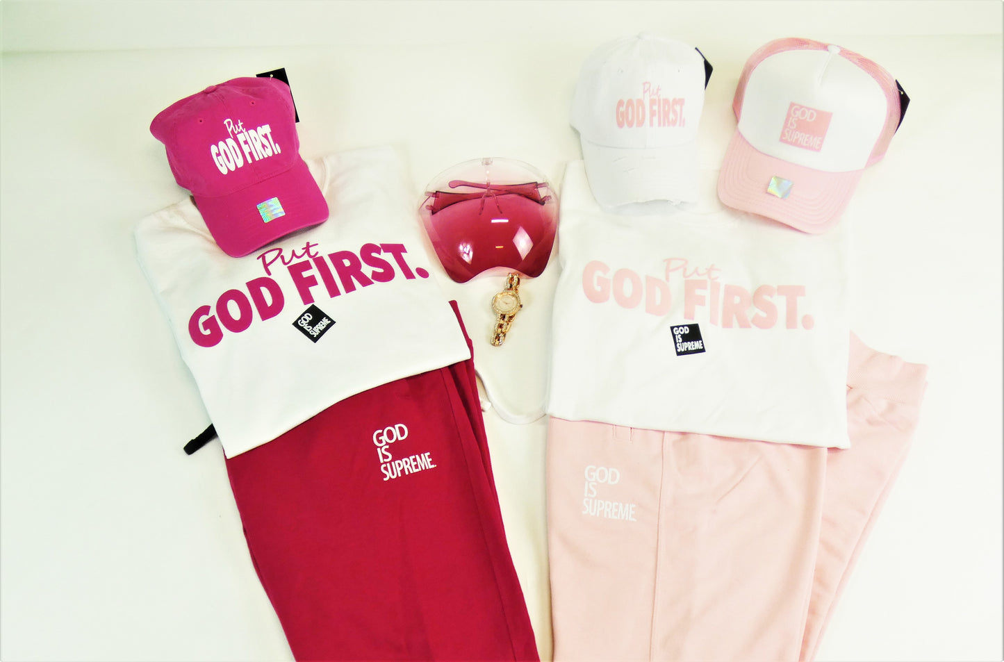 Put God First Distressed  Dad Hat with Light Pink