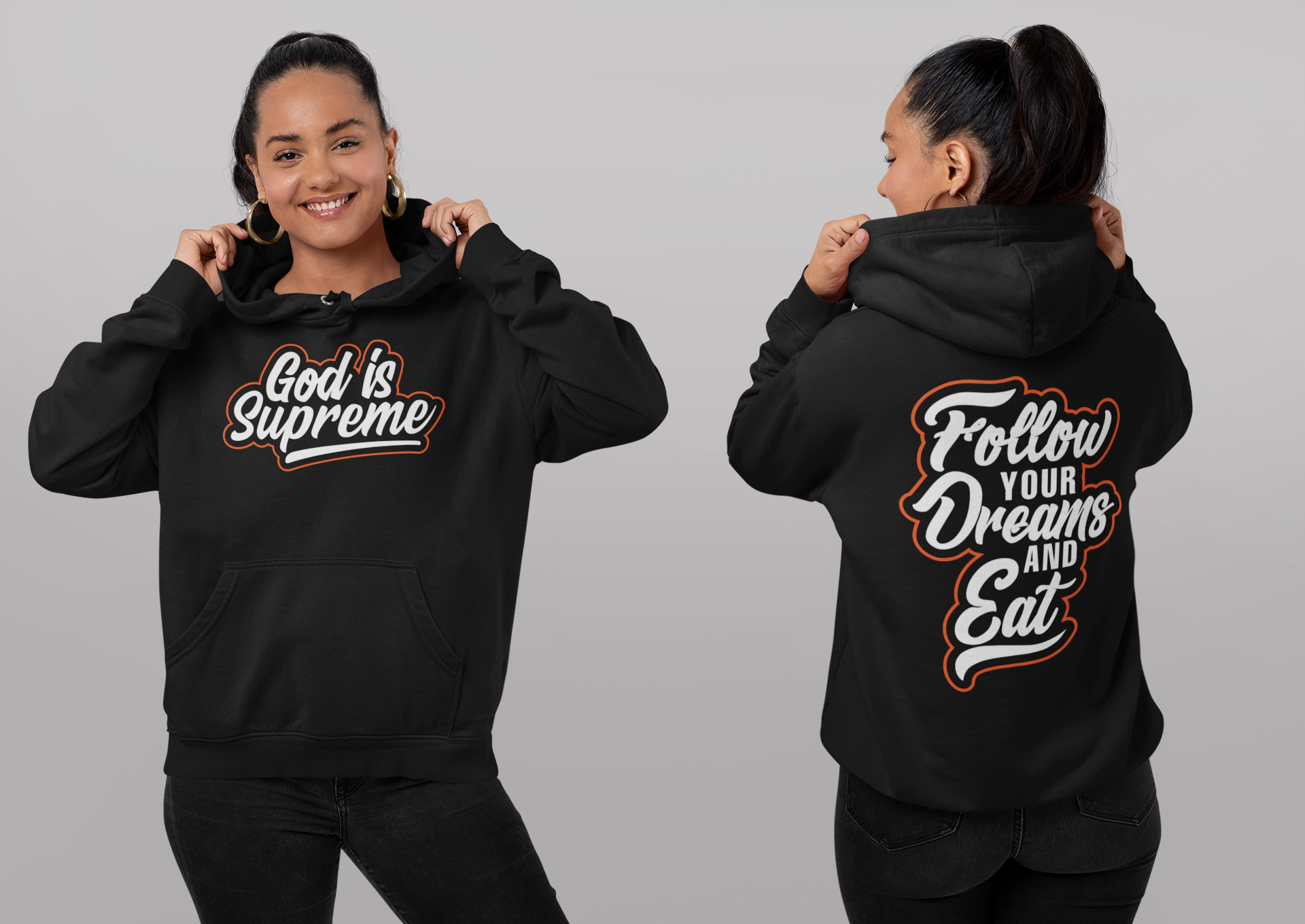 Follow Your Dream and Eat God is Supreme (Orange) Black Hoodie
