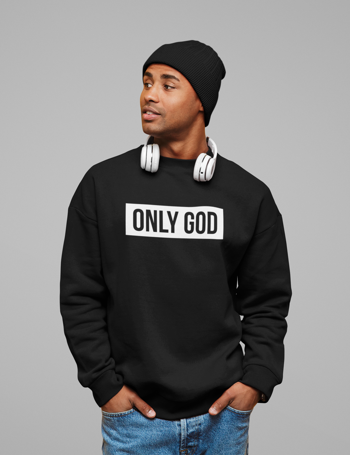 Only God (White Print)/ Black Long Sleeves Sweatshirt